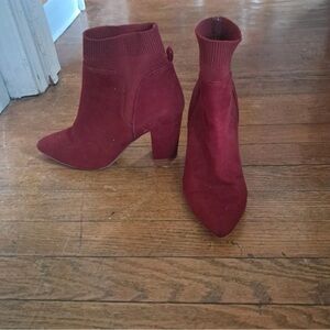 Time and Tru Wine Pointed Toe Block Heel Sock Ankle Boots